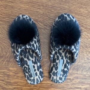 Nieman Marcus Leopard Print Slippers with Black Pom Pom